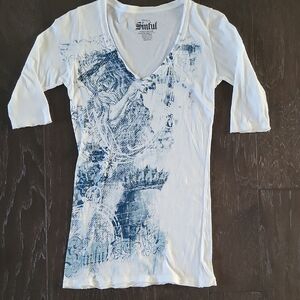 Sinful White and Blue Fitted Graphic Tee